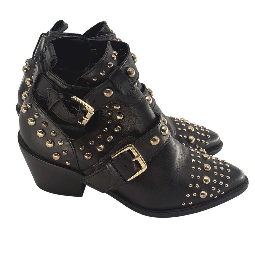 Kurt Geiger Booties Sybil Heel Studded Women Size 37 / 7 Black Leather Moto